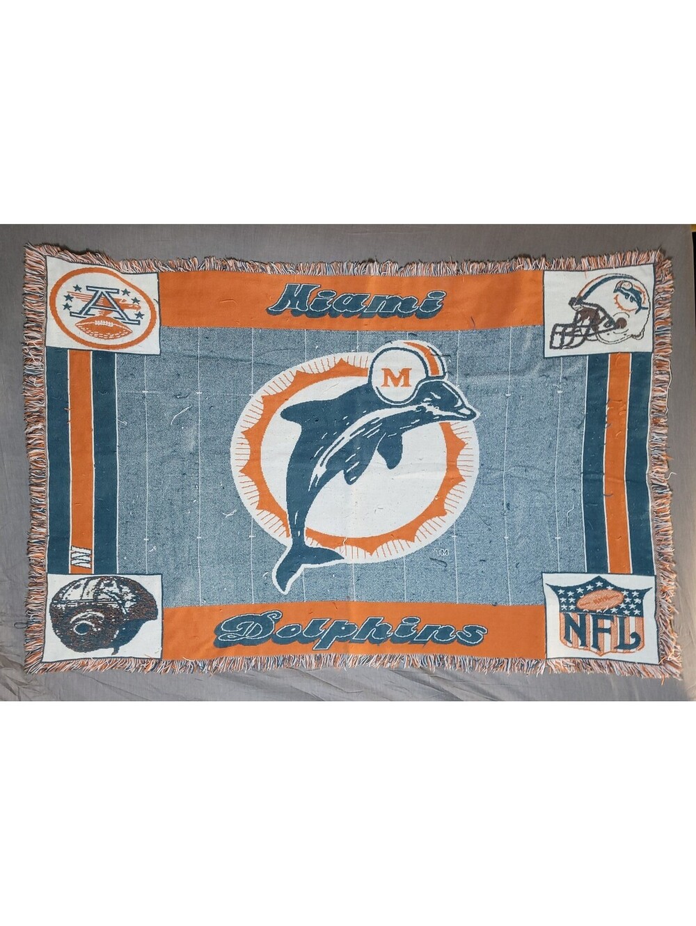 VTG Miami Dolphins NFL Football Fan Woven Throw Blanket Teal Orange White Fringe